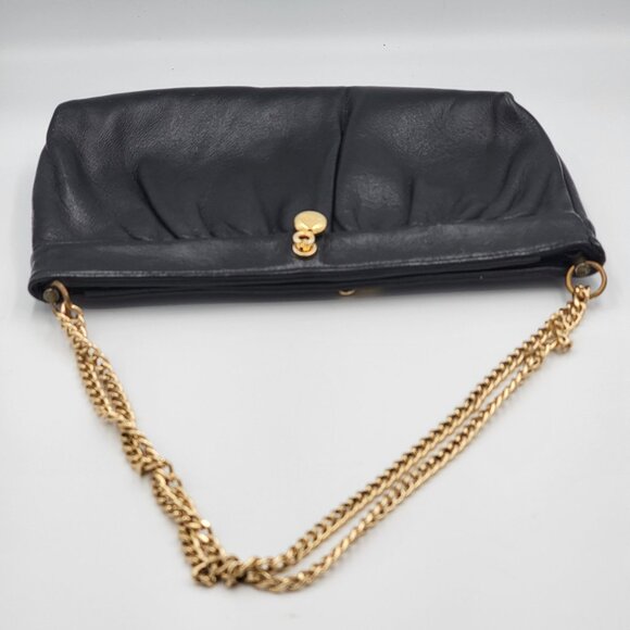 Vintage Black Leather Clutch Purse With Gold Chain Strap & Snap Closure By Ande - Picture 12 of 16